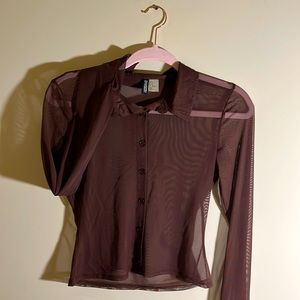H&M collard chocolate sheer long sleeve button shirt.